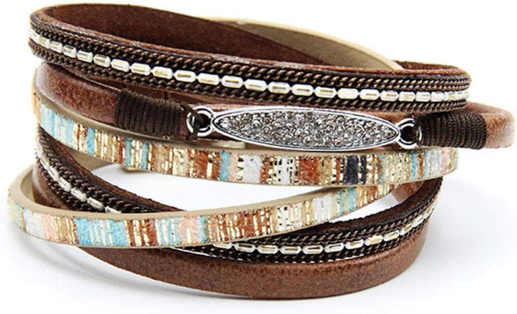 TGLS Women Sparkling Multi-layered Leather Bracelet Stackable Wristbands Wrap Bracelets | Amazon (US)
