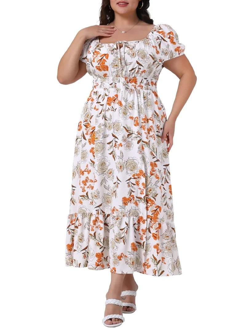 Agnes Orinda Women's Plus Size Easter Floral Dress Tie Square Neck Smocked Waist Short Sleeve Sid... | Walmart (US)