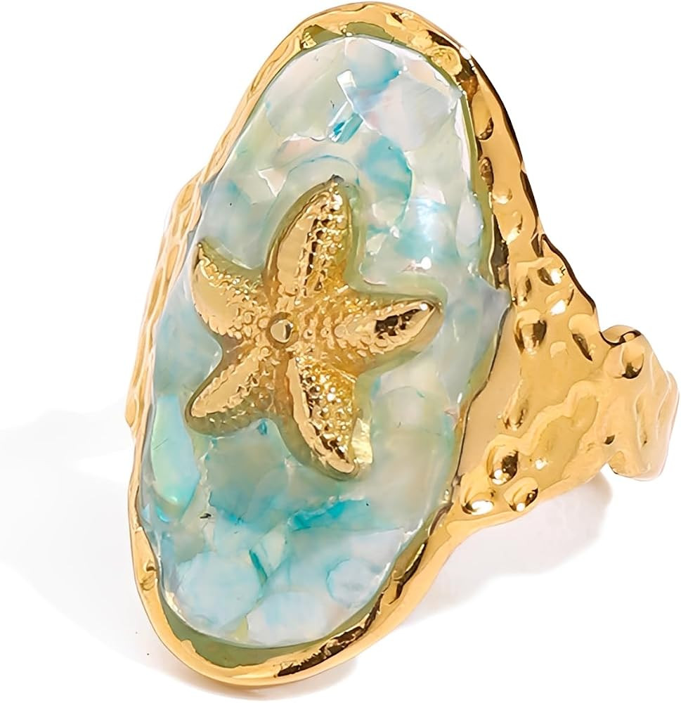 IMINI Starfish Ring for Women, 18K Gold-Tone Plated Stainless Steel & Blue Enamel Shell Fragment ... | Amazon (UK)