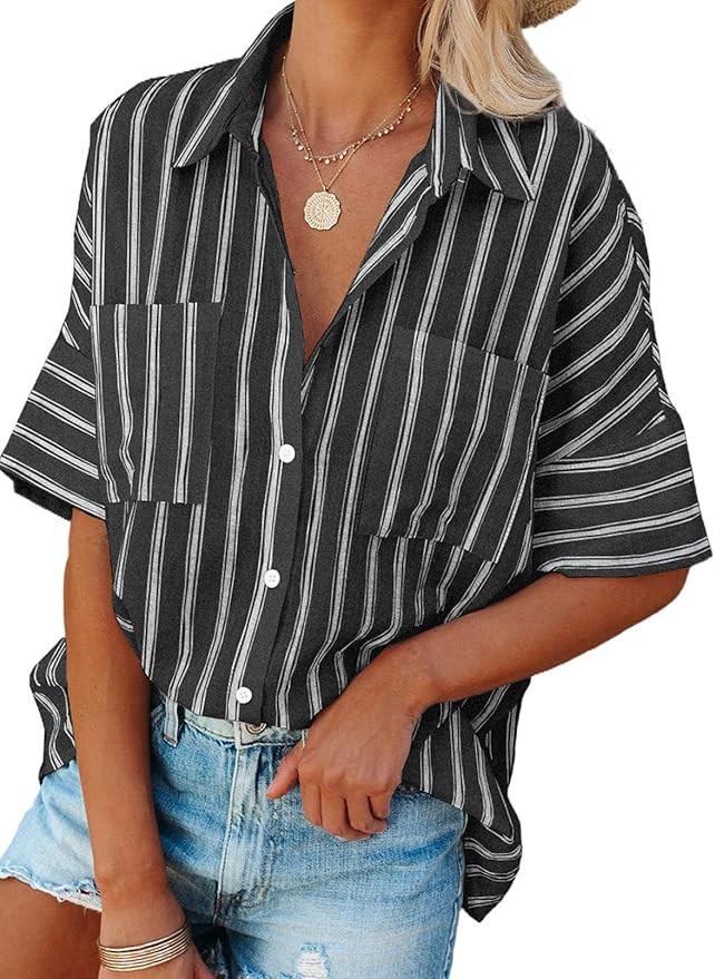 Dokotoo Womens Summer Summer 3/4 Sleeve V Neck Striped Long Sleeve Button Down Collar Blouses for... | Amazon (UK)