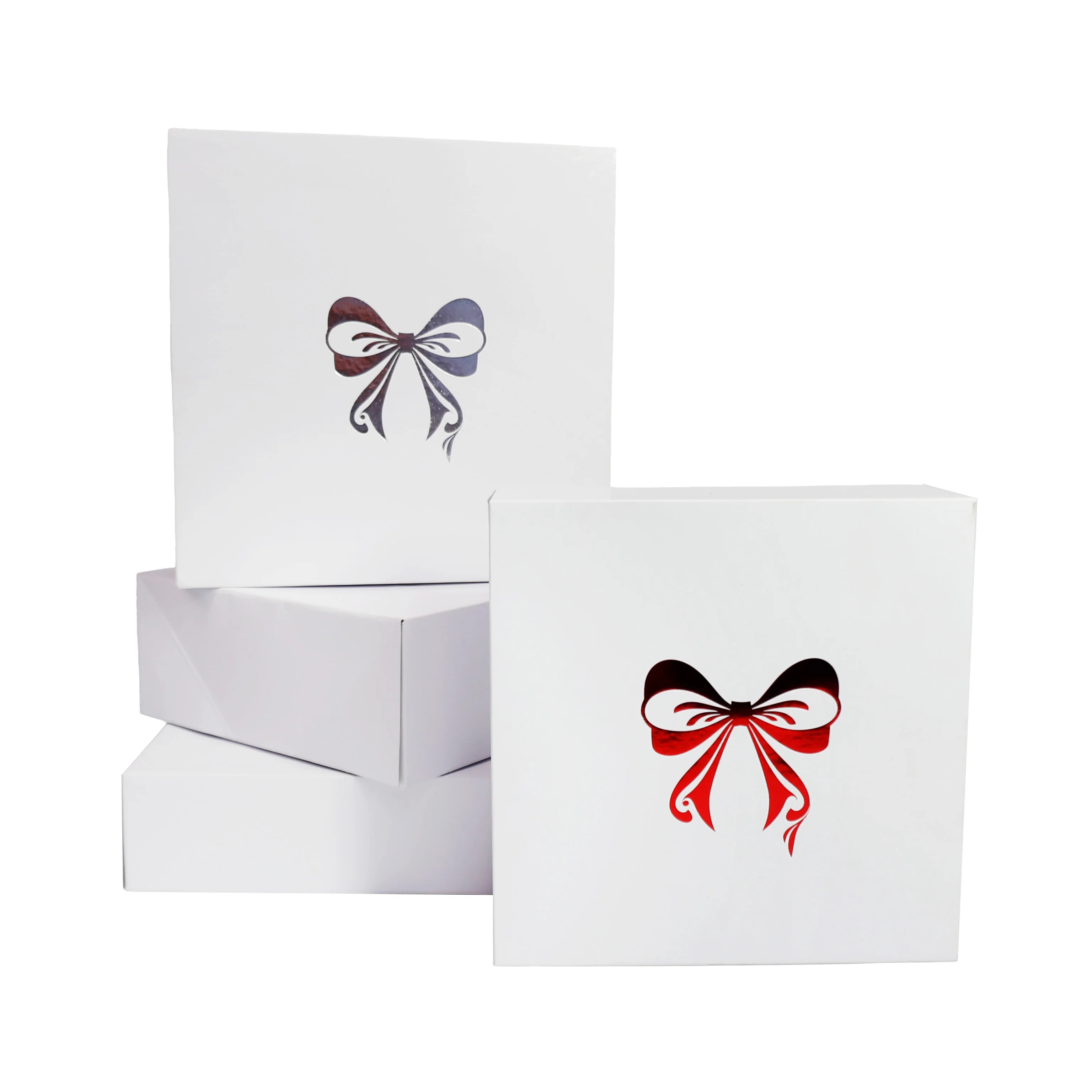 Christmas Bow Foil Stamp Gift Box Set, Red and White, 11.5" x 11.5" x 3", 4 Count, by Holiday Tim... | Walmart (US)