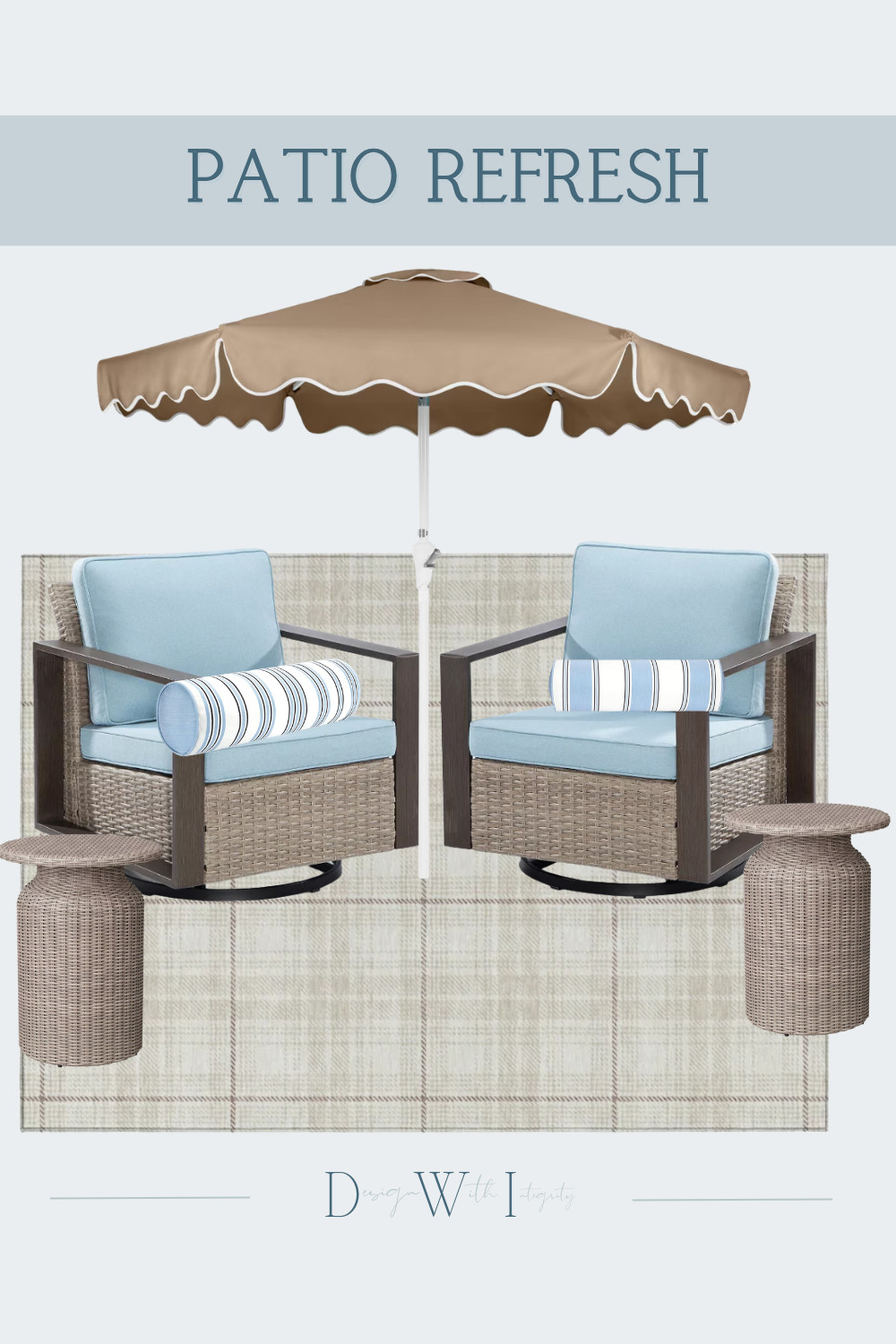 Soft blue and warm neutrals are such a timeless combination for outdoor living. For this patio refresh, I paired woven swivel chairs with sky blue cushions, tailored striped bolsters, sculptural woven side tables, and a subtle plaid rug. The warm taupe scalloped umbrella adds contrast while keeping the entire palette soft, relaxed, and easy to layer into an existing outdoor space.

Tap through to shop the selections and recreate this cozy designer inspired patio look at home.

#OutdoorLiving #PatioDesign #PatioRefresh

patio refresh, outdoor living, blue patio decor, neutral patio decor, outdoor swivel chairs, patio chairs, striped bolster pillows, outdoor pillows, scalloped patio umbrella, woven side tables, plaid outdoor rug, coastal patio, transitional outdoor decor, backyard inspiration, shop the look 

 #LTKSeasonal #LTKHome