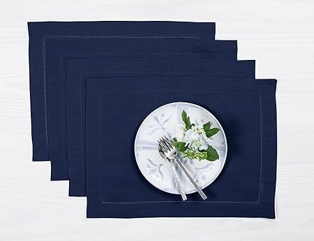 Solino Home Navy Linen Placemats 14 x 19 Inch – 100% Pure Linen Classic Hemstitch Placemats Set... | Amazon (US)