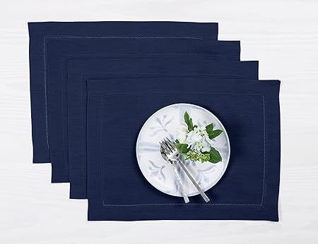 Solino Home Navy Linen Placemats 14 x 19 Inch – 100% Pure Linen Classic Hemstitch Placemats Set... | Amazon (US)