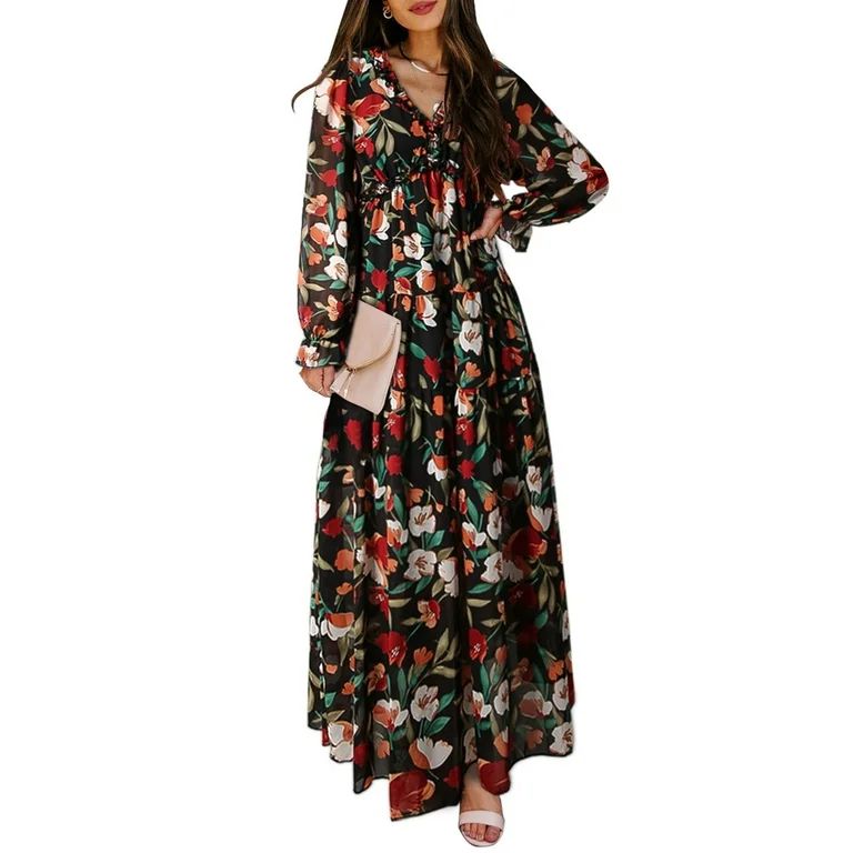 Dokotoo Women's Black Floral Maxi Dresses Casual Deep V Neck Long Sleeve Evening Dress Cocktail P... | Walmart (US)