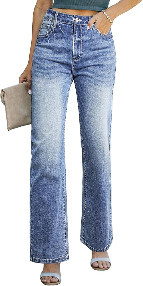 Sidefeel Women's Wide Leg Jeans Casual High Waisted Straight Zimbaplatinum Denim Pants with Pocke... | Amazon (US)