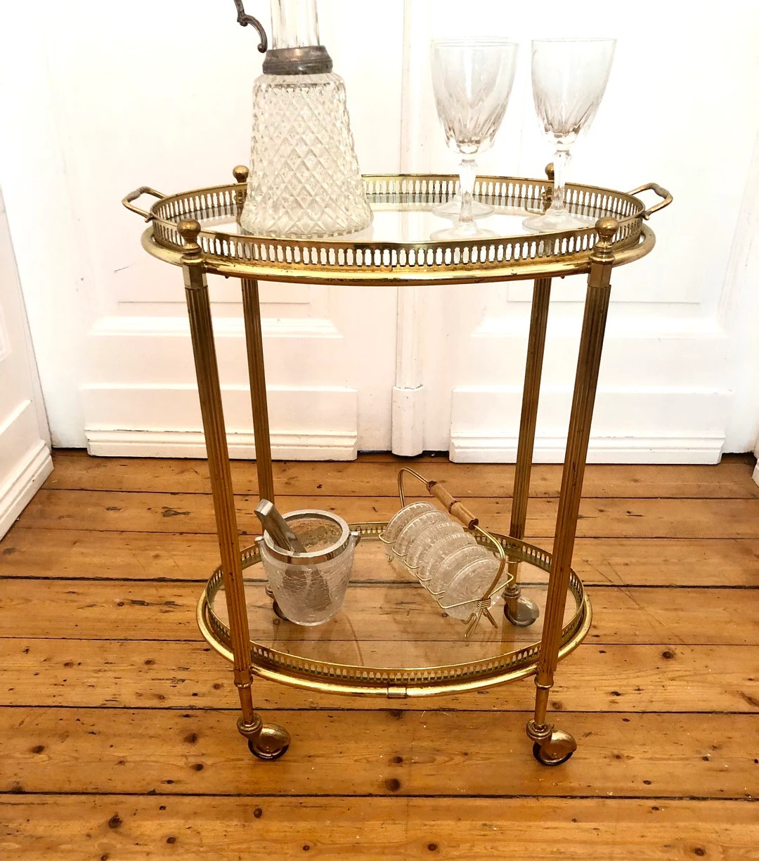 French Oval Tea Trolley in Brass Vintage Chariot Bar Orig. Artdeco Serving Table With Removable T... | Etsy (US)