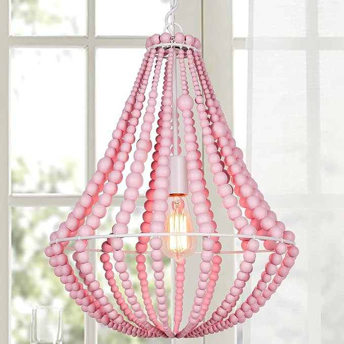 ANKARL Boho Light Fixtures, Wood Beaded Chandelier, Farmhouse Pendant Light, 1-Light, Pink Ceilin... | Amazon (US)