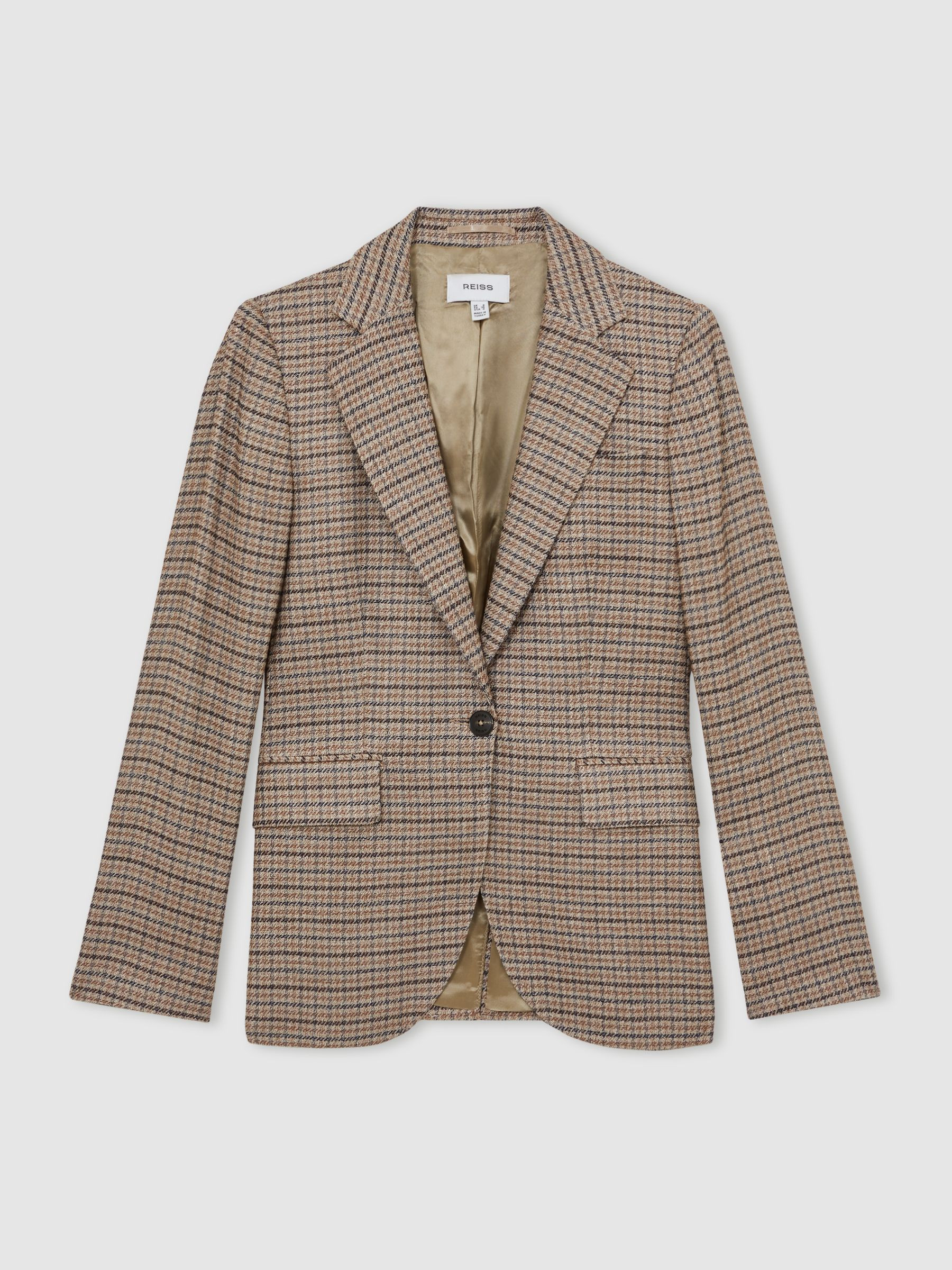 Single-Breasted Check Suit Blazer With Linen in Neutral Check | Reiss US
