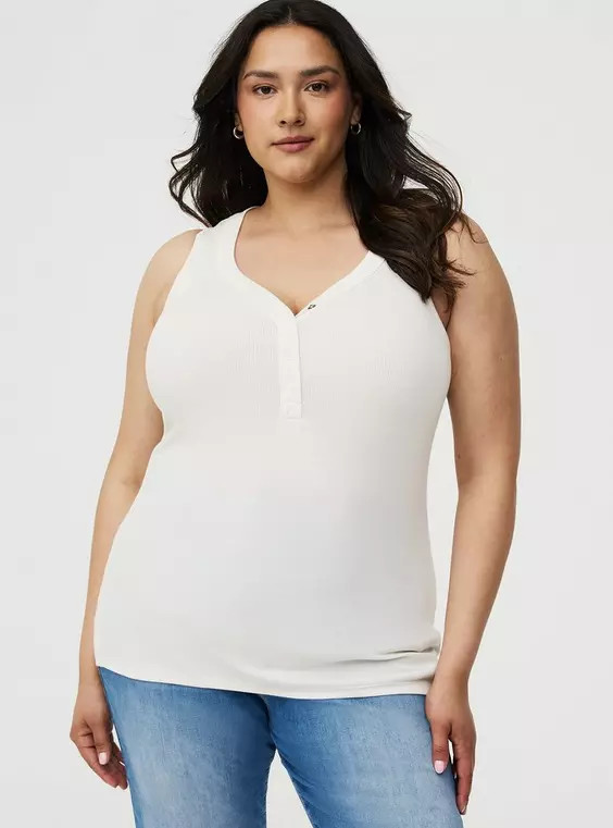Cotton Modal Curved Henley Tank Top in Ivory-Cream | Torrid (US & Canada)