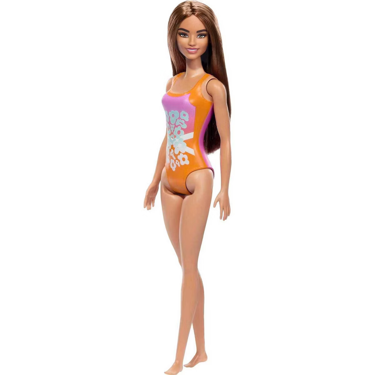 Barbie 12.7" Beach Barbie Doll Brown Hair/Brown Eyes Wearing Tropical Pink and Orange Swimsuit | Target