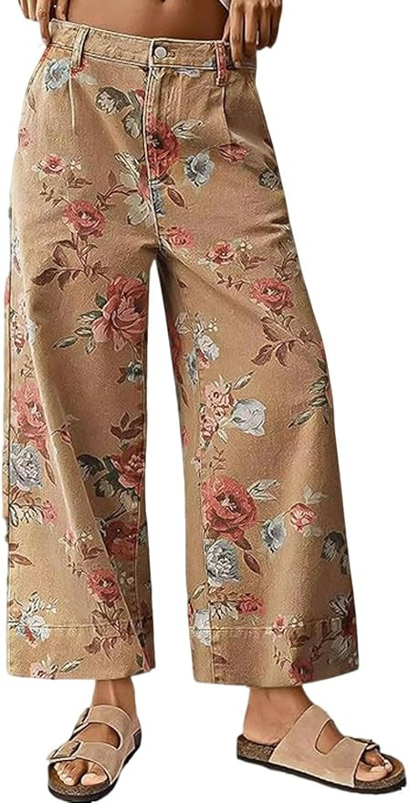 loveimgs Women Mid Rise Cropped Wide Leg Jeans Baggy Floral Ankle Pants Denim Capris Flare Print ... | Amazon (US)