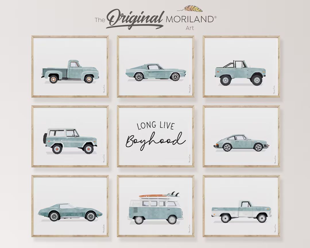 Pale Blue Classic Cars Art Prints - Printable Set of 9, Long Live Boyhood Sign, Car Poster, Boy N... | Etsy (US)