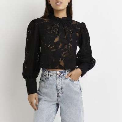 Black lace high neck cropped top | River Island (UK & IE)