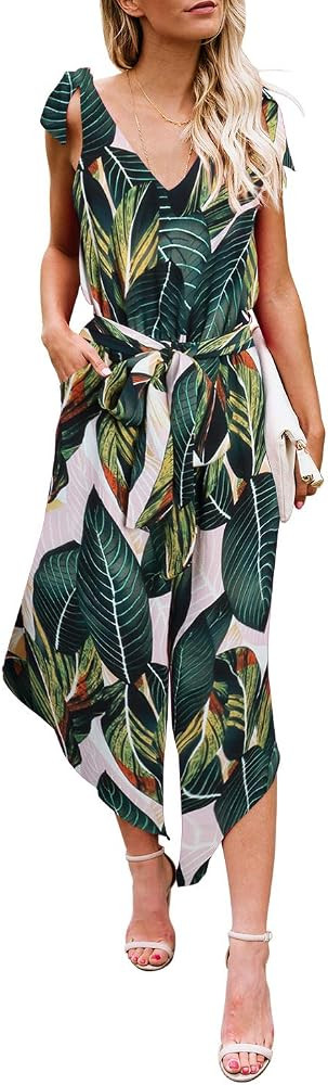 BELONGSCI Women Outfit Sleeveless Shoulder Bandage Waistband Sexy V-Neck Wide Leg Long Jumpsuit with | Amazon (US)