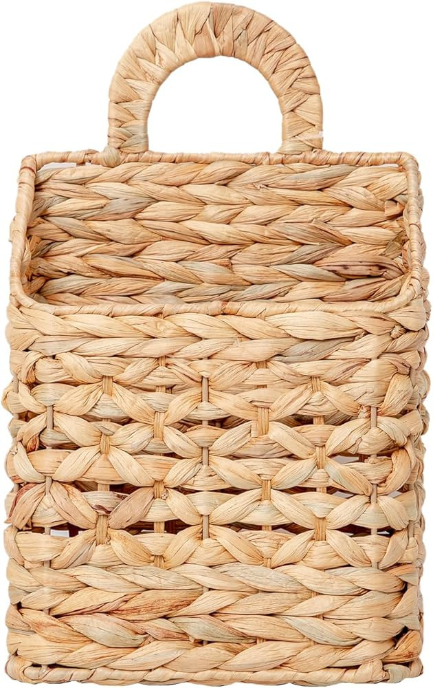 Wicker hanging basket, Water Hyacinth Wall Basket, Rustic Handwoven Hanging Storage Basket with M... | Amazon (US)