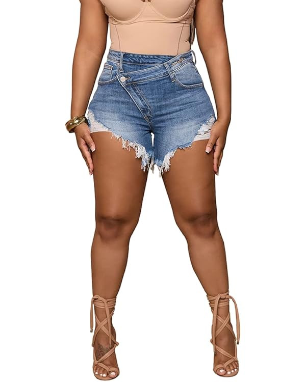 PINSV Women's High Waisted Crossover Denim Shorts | Amazon (US)