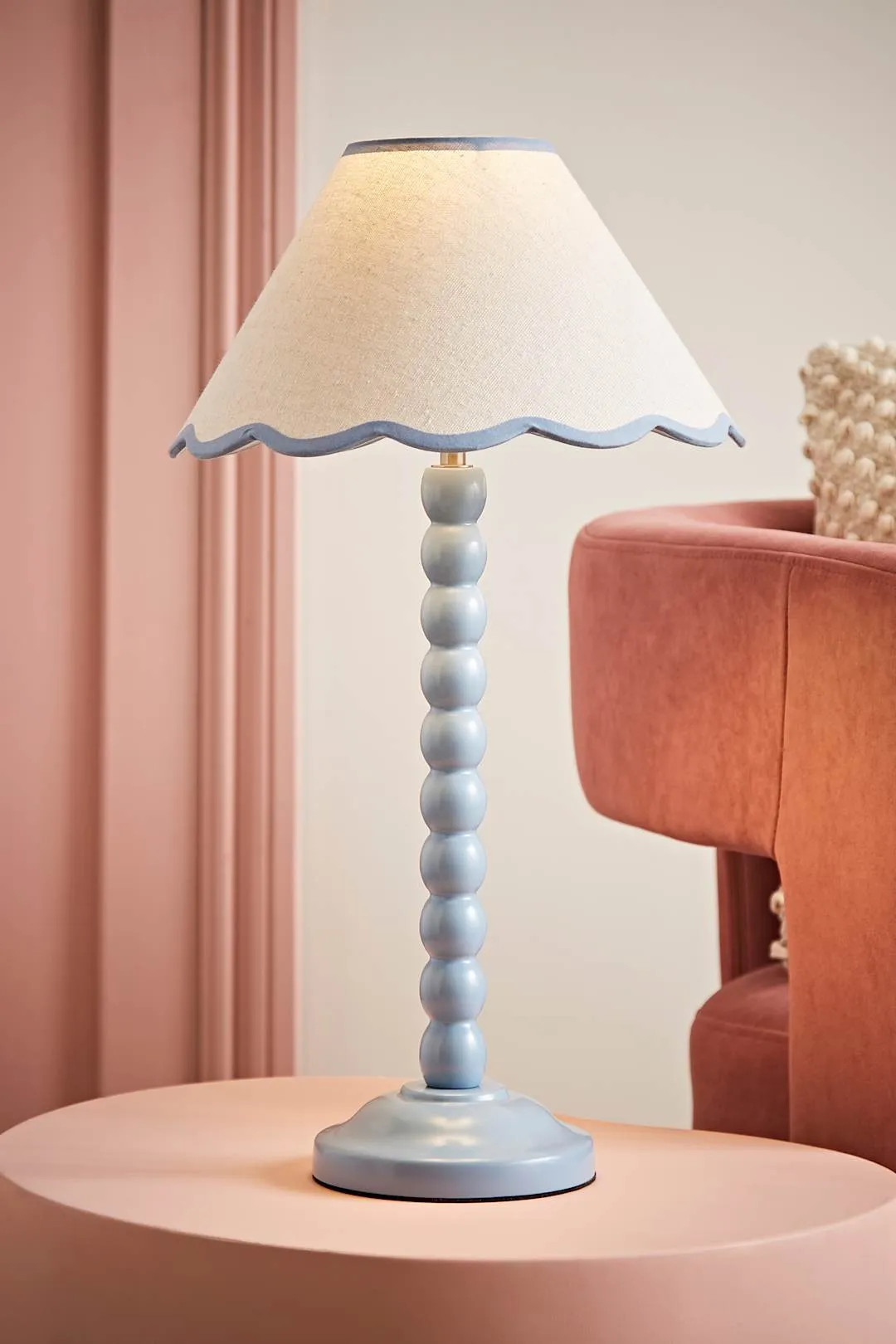 Pale Blue ValueLights Bobbins Powder Blue Table Lamp with Tapered Natural Linen Scallop Shade | D... | Debenhams UK