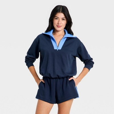 Women's Airy Sleek Pique 1/2 Zip Bubble Hem Pullover Sweatshirt - All In Motion™ Navy Blue L | Target