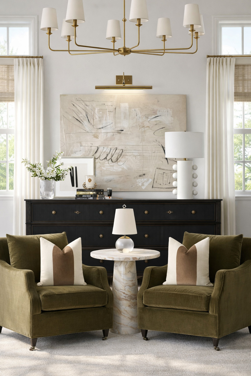 POV: You finally figured out how to make neutrals feel expensive.

This is what happens when olive velvet meets black fluted cabinetry, warm brass, and creamy layered textiles. Nothing loud. Nothing trendy. Just depth, contrast, and scale working overtime.

The symmetry? Intentional.
The mixed metals? Balanced.
The palette? Calm but powerful.

Olive + black + warm ivory is the kind of combination that quietly says I know what I’m doing.

Save this if you’re into:
• Elevated neutrals
• Updated classic interiors
• Rich tones without going dark
• Designer-level layering

This is your sign to stop playing it safe with beige alone. 

 #LTKHome