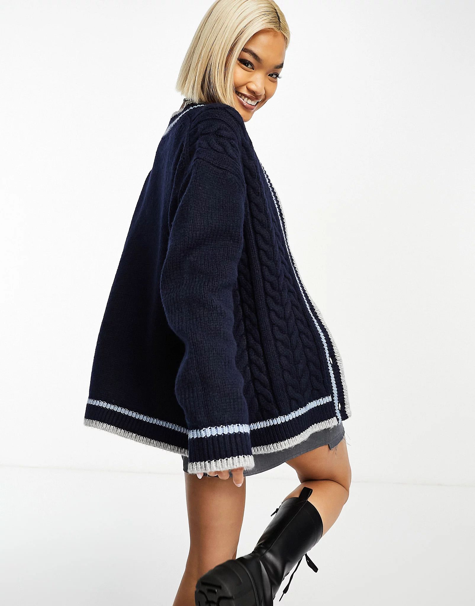 ASOS DESIGN cable cardigan with tipping detail in navy | ASOS (Global)