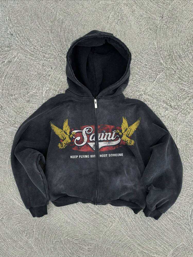 Men's Letter & Figure Print Zipper Closure Hoodie Sweatshirt, Spring & Autumn | SHEIN