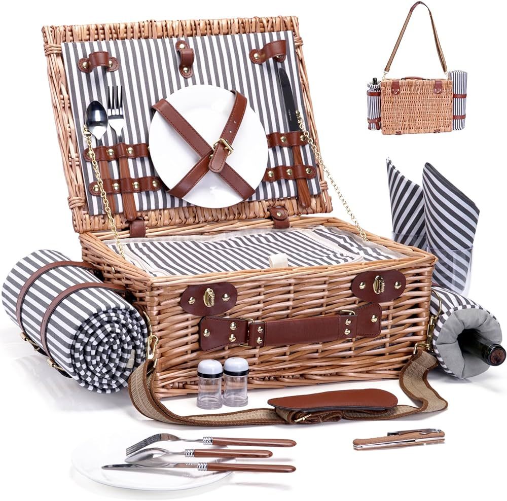 Picnic Basket with Blanket and Wine Pouch for 2 Wicker Picnic Set with Insulated Liner Cooler Bag... | Amazon (US)