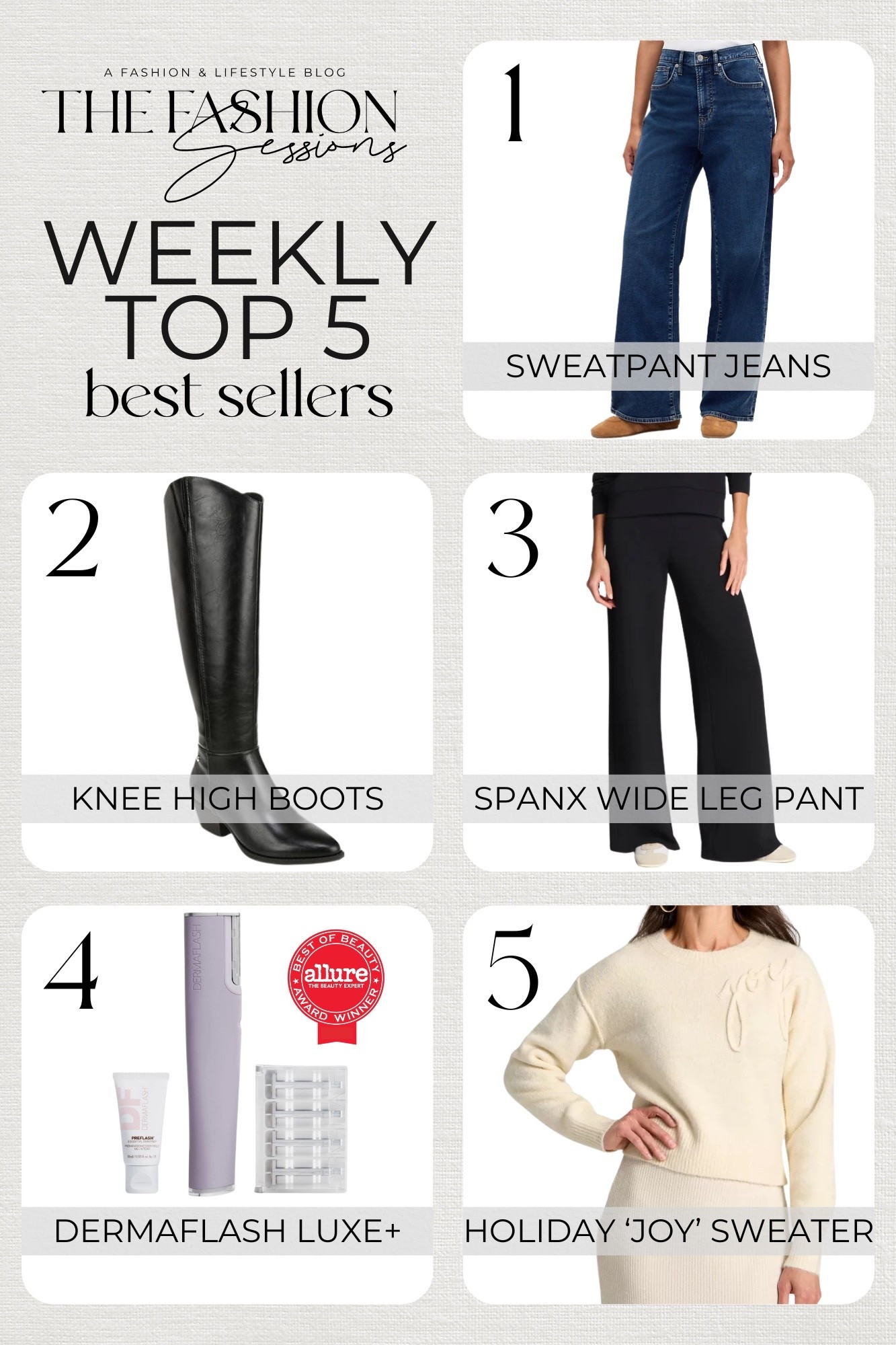 Weekly top 5 best sellers from the first week of December!

1. Gap Factory High-Rise Wide Leg Sweatpant Jeans
2. LifeStride Reese Tall Boots
3. SPANX AirEssentials® Wide Leg Pant
4. Dermaflash Luxe+ Sonic Dermaplaning + Peach Fuzz Removal
5. Universal Thread™ Holiday Crewneck Pullover Sweater

fall outfit | winter outfit | comfy outfit | casual outfit | holiday outfit | elevated casual

#LTKSeasonal #LTKOver40 #LTKFindsUnder50