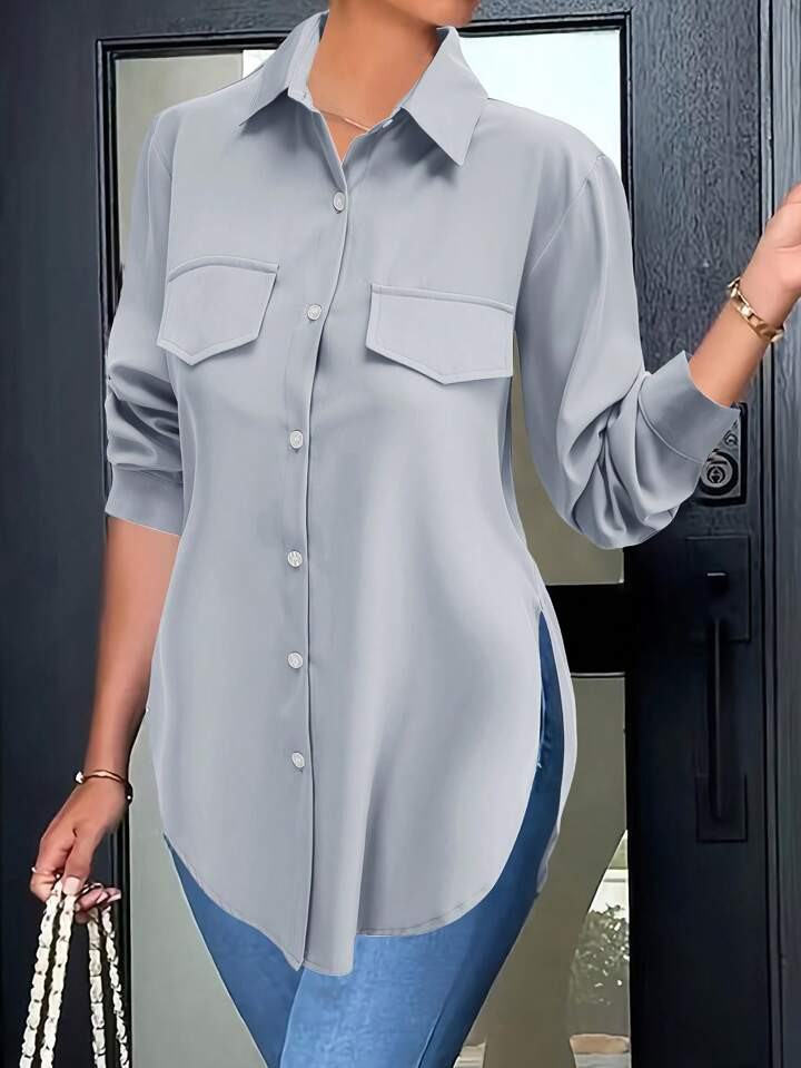 Fashionable Casual Solid Color Split Side Shirt | SHEIN