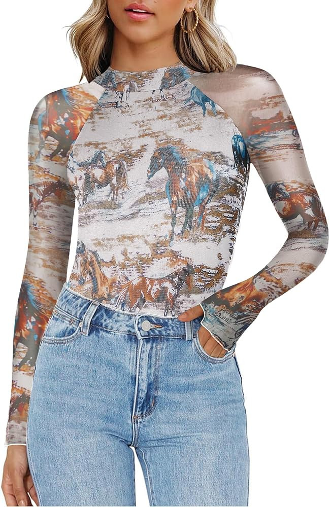 Zeagoo Long Sleeve Shirts for Women Floral Mesh Sheer Top Mock Neck Double Lined Fitted Going Out... | Amazon (US)