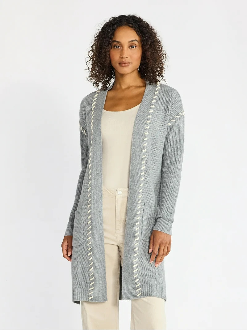Time and Tru Women’s Longline Cardigan Sweater with Whipstitch Trim, Midweight, Sizes XS-XXXL | Walmart (US)