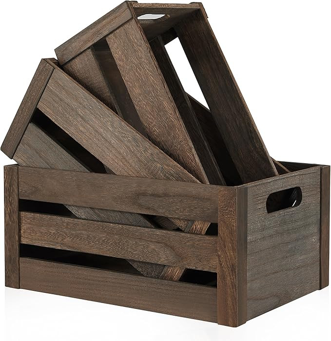 Wooden Crates 3 Pack, Nesting Handmade Wood Crates for Storage, No Installation Wooden Storage Bo... | Amazon (US)