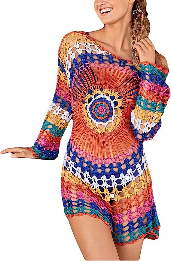 AILUNSNIKA Crochet Knitted Beach Cover Up Open Front Kimono Cardigan Sexy Lace Dress | Amazon (US)