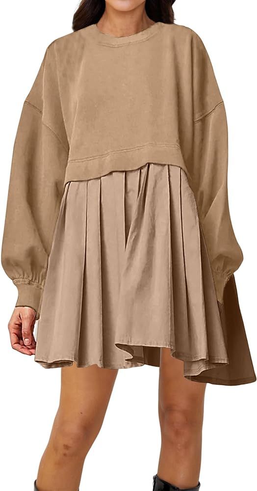 PICPUNMAK Women Oversized Long Sleeve Sweatshirt Dress Patchwork Crewneck Pullover Loose Flowy Pl... | Amazon (US)