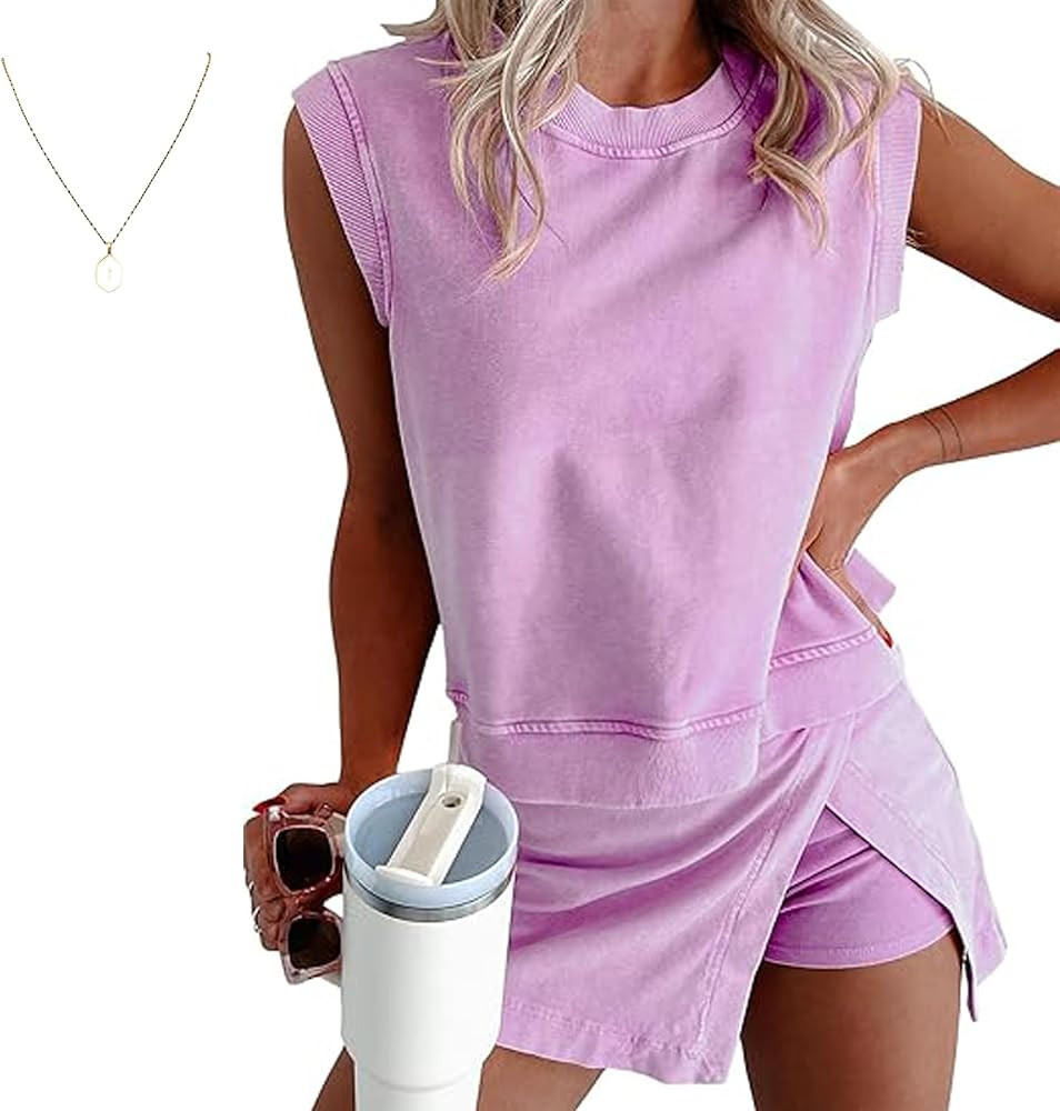 Skort Sets Women 2 Piece Outfits, Summer Casual Side Split Athletic, Vacation Short Lounge Sets | Amazon (US)