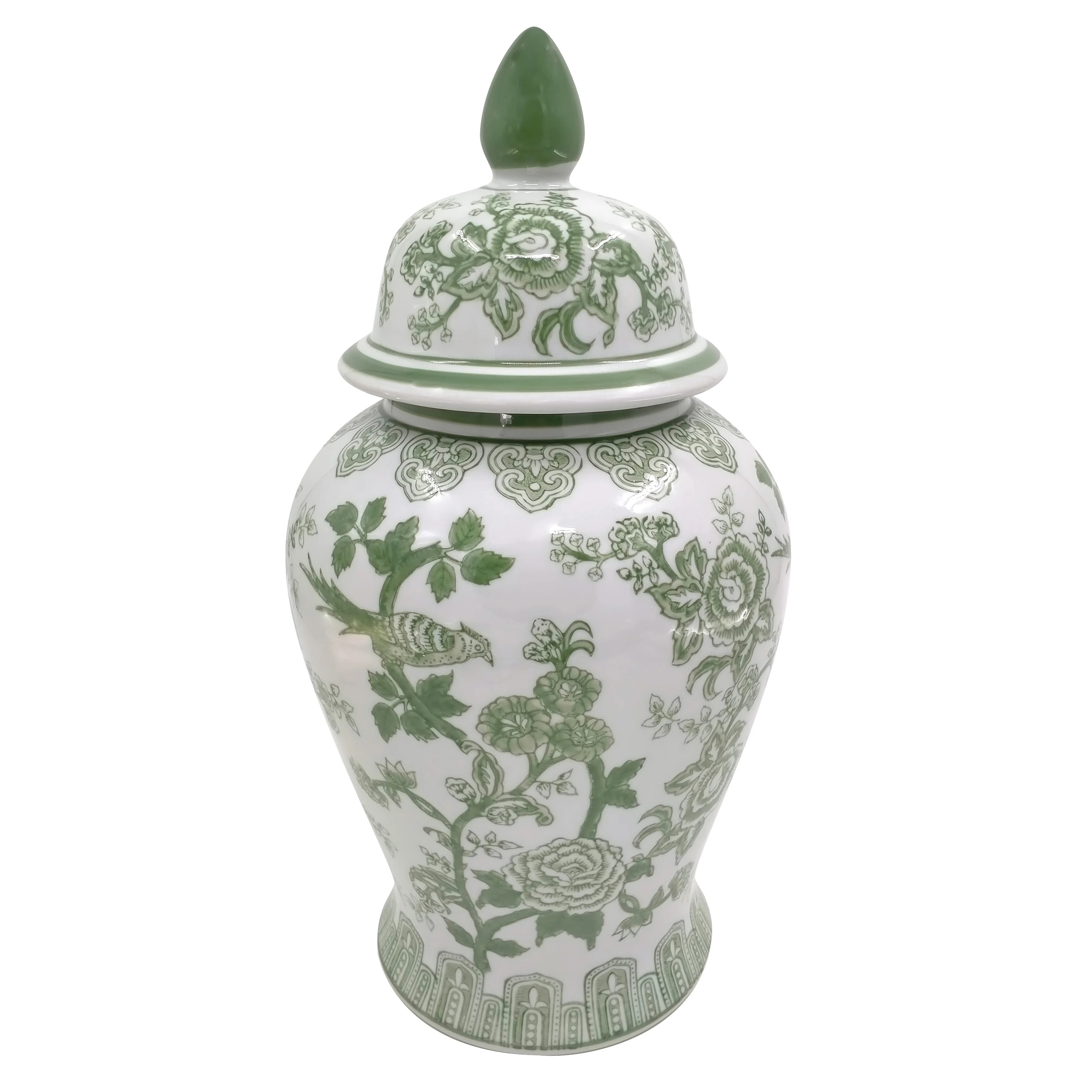 Ebba Temple Jar with Lid - Ceramic Green and White Floral Chinoiserie Decorative Stoneware for Ho... | Birch Lane