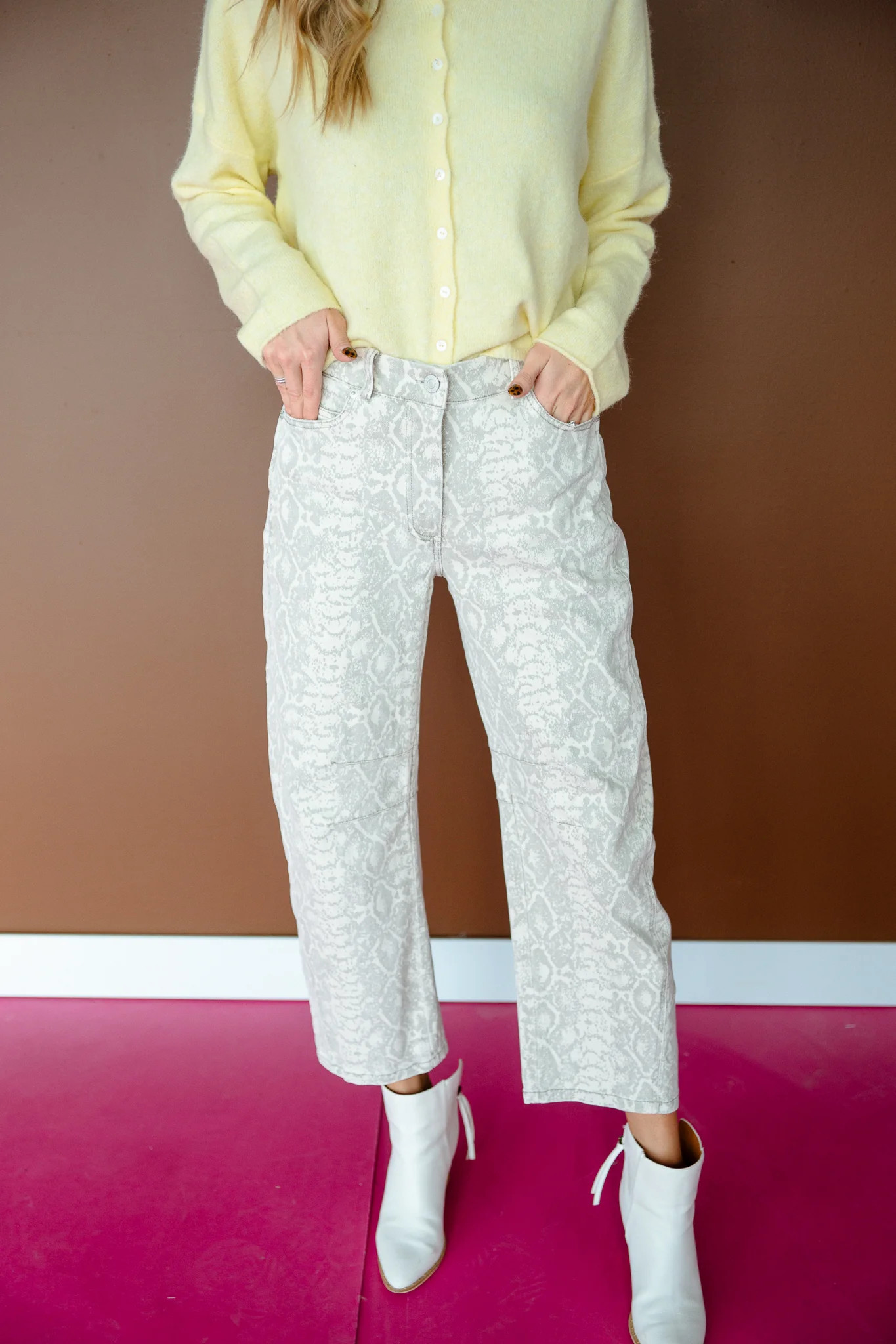 Cece Snake Print Barrel Jeans - Cream + Dove Grey | MyEllement Boutique
