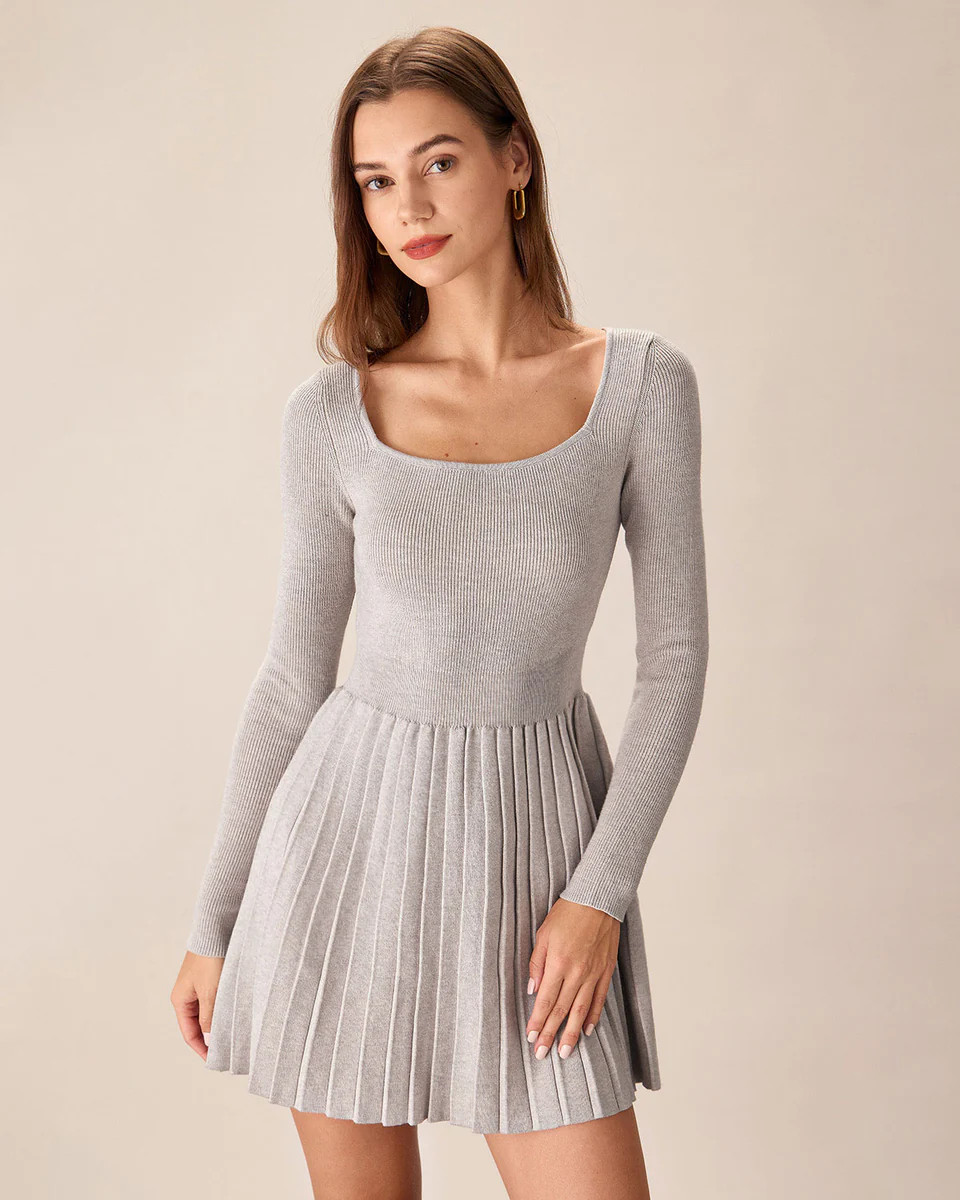 Apricot Square Neck Pleated Sweater Dress | rihoas.com