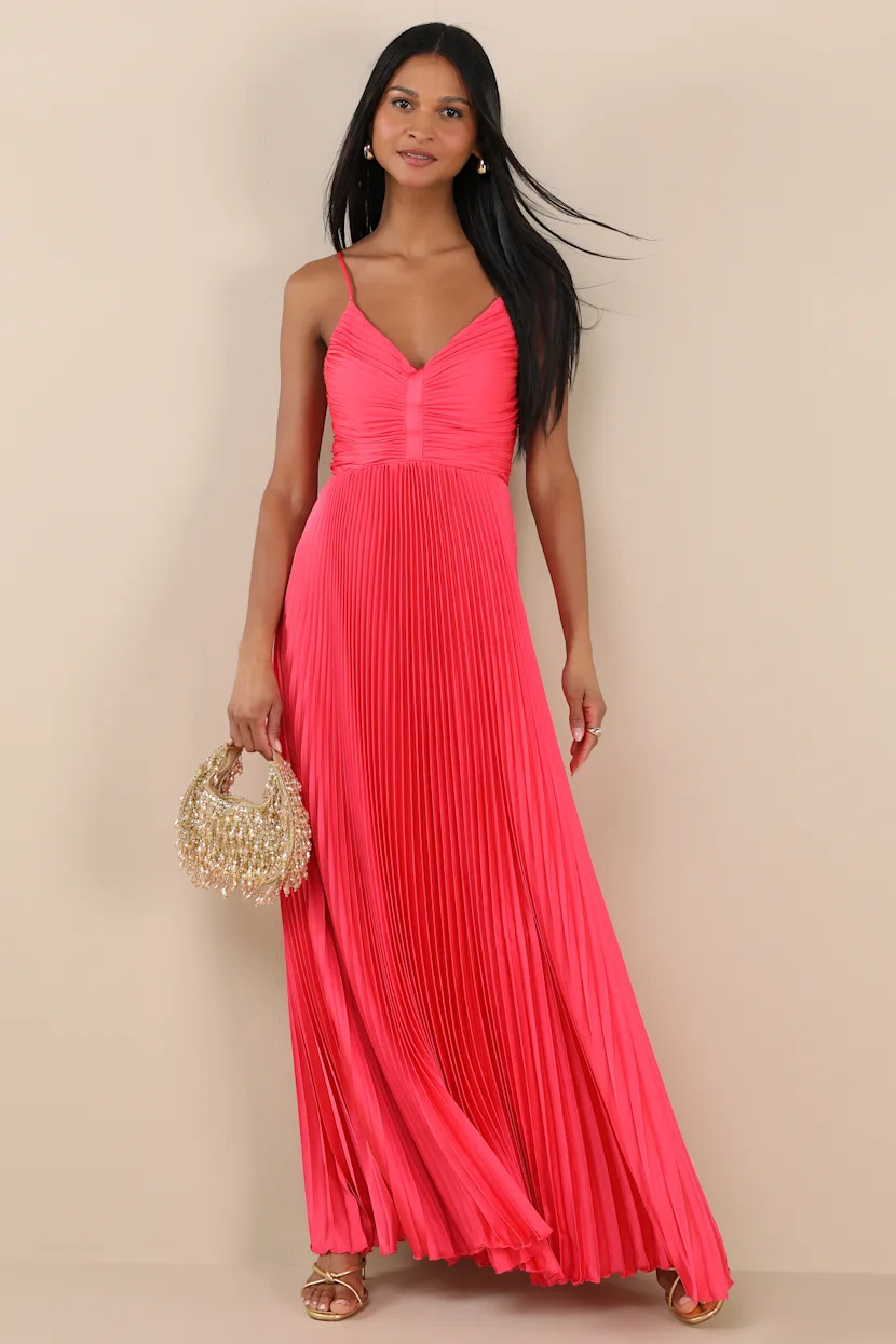 Dreaming in Color Coral V-Neck Pleated Satin Maxi Dress | Lulus