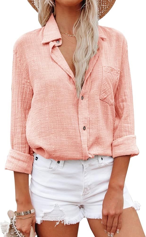 Womens Button Down Shirts Gauze Cotton Dress Shirt Long Sleeve Oversized Boyfriend Solid Tunic To... | Amazon (US)