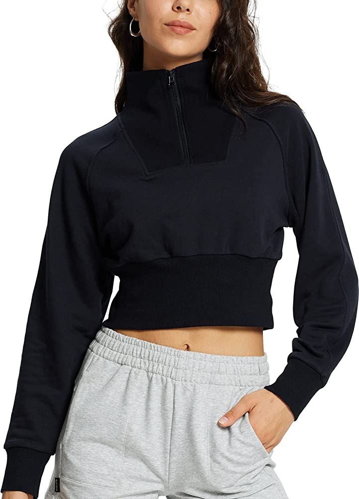 BALEAF Women's Half Zip Cropped Sweatshirt High Neck Long Sleeve Crop Pullover Athletic Ribbed Co... | Amazon (US)