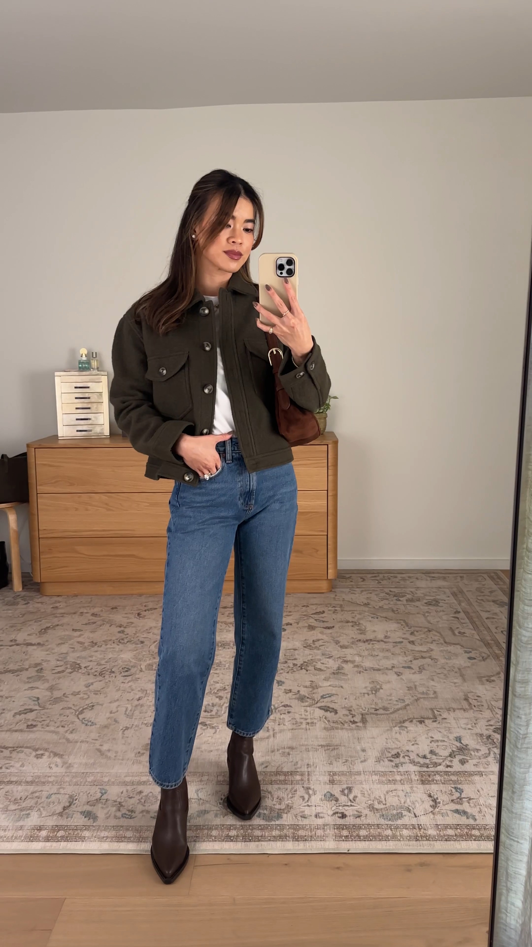 Im obsessed with this jacket from @Quince!

Sizing info: 
•Quince Bella Rigid Straight Jeans (Size 24 Short in Horizon Blue) 
•Quince cotton boxy crewneck tee (Size XS in White) 
•Quince 100% Merino Wool Cropped Shirt Jacket (Size XS in Olive Grove)

petite fashion, get dressed with me, outfit inspiration, ootd, nashville outfit, Nashville influencer, petite style, vacation style, casual outfits, mom style, petite pants, fall outfits, fall outfit info, fall pants, fall outfit idea, fall top, fall shoes, quince, petite jeans, fall jacket, fall boots, ankle boots 

 #LTKootd #LTKSeasonal #LTKPetite
