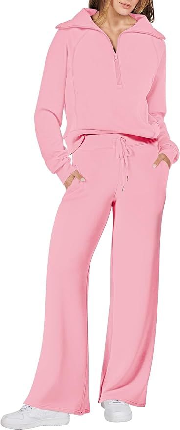 ANRABESS Women 2 Piece Outfits Sweatsuit Set 2023 Fall Oversized Half Zip Sweatshirt Wide Leg Swe... | Amazon (US)