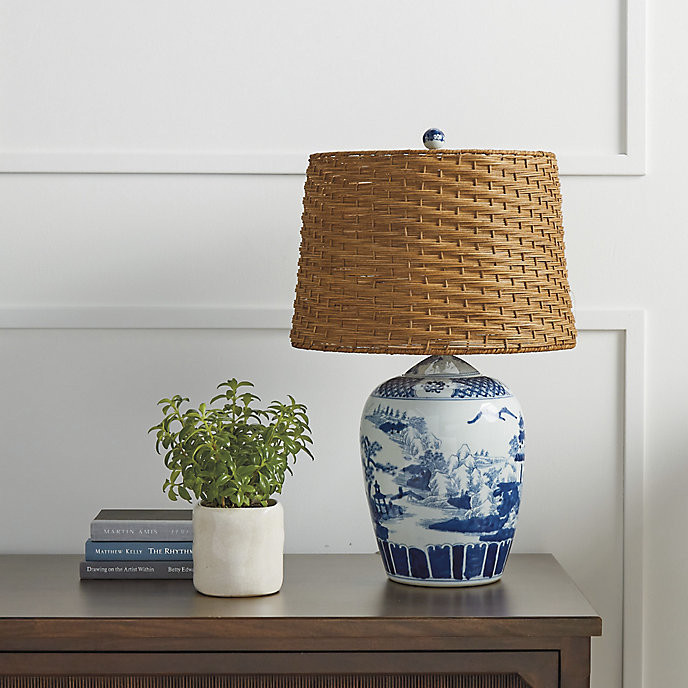 Blue & White Ming Table Lamp with Handpainted Wicker Shade & 8ft Cord | Frontgate