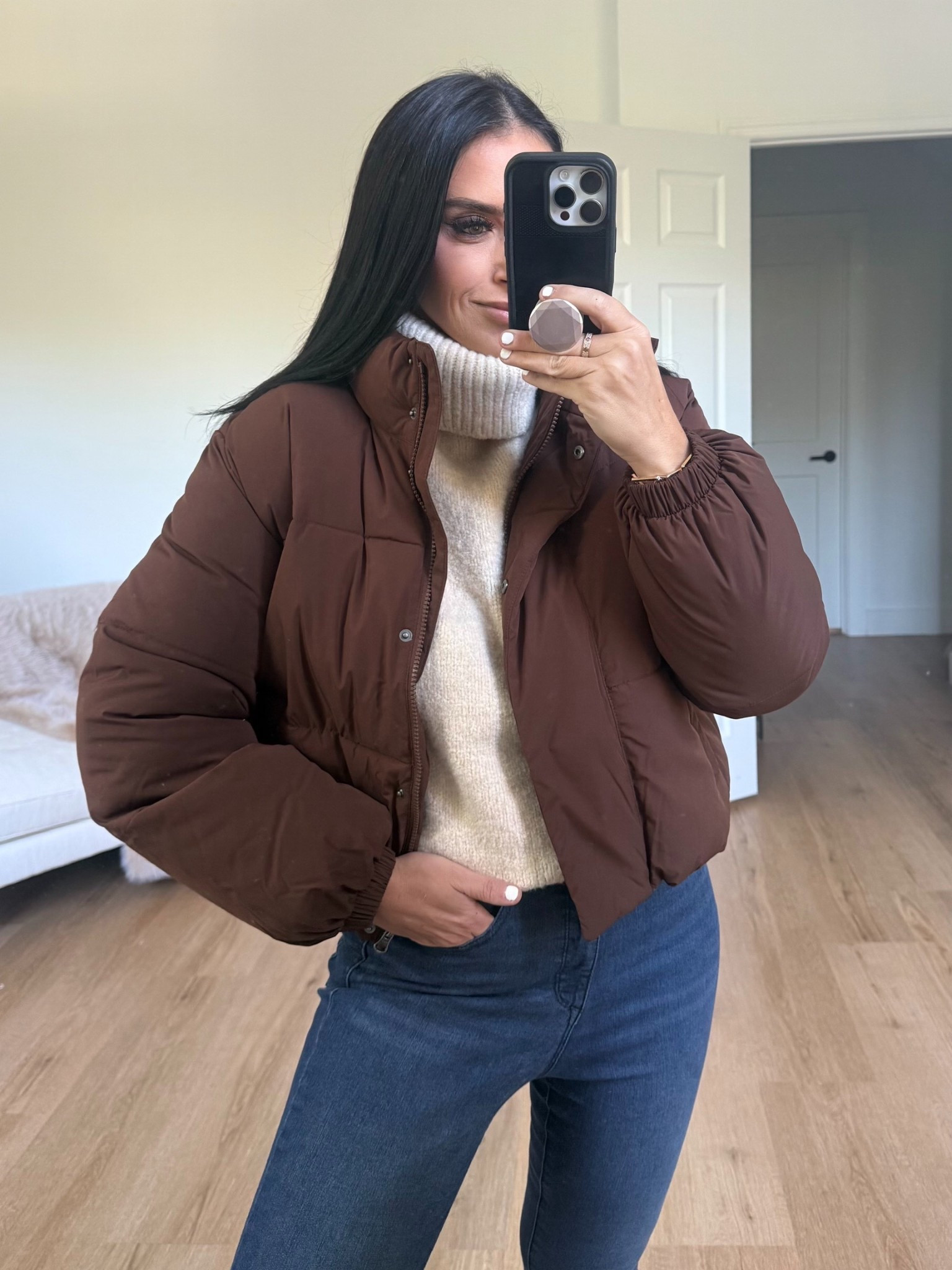 Full zip puffer jacket wearing size small. Fall oversized chunk knit sweater wearing size small.  
