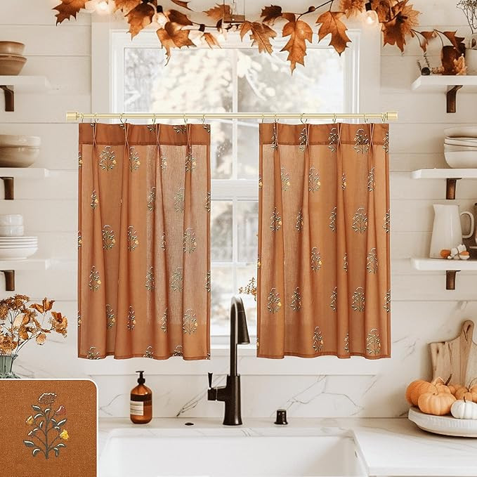 Fall Cafe Curtains for Kitchen Window Over Sink,Farmhouse Floral Pinch Pleated Autumn Pumpkin She... | Amazon (US)