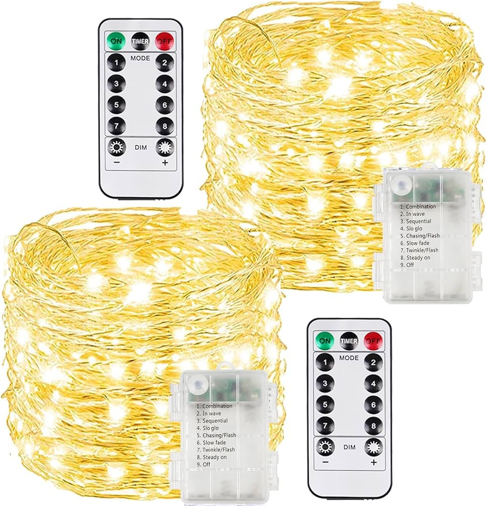 2 Pack Each 66Ft 200LED Battery Operated Fairy Lights with Remote, Waterproof Battery Christmas T... | Amazon (US)