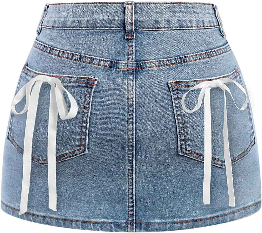 Avanova Women Bow Back Denim Mini Skirt Cute Bodycon Jean Skirt | Amazon (US)