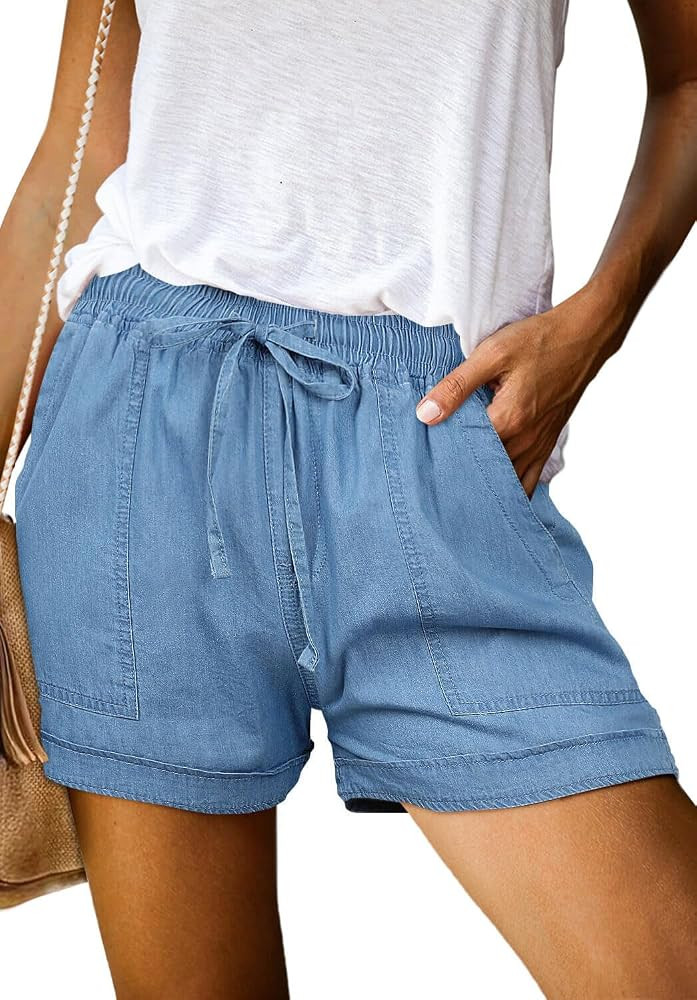 ONLYSHE Womens Casual Drawstring Shorts Summer Elastic Waist Shorts Pocketed Pants | Amazon (US)