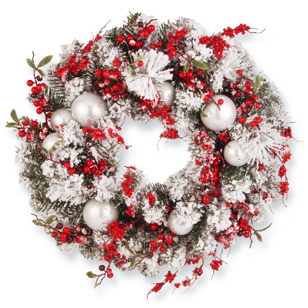 24in. Red/White Artificial Ornament Christmas Wreath - 24" (SNOWY GREEN) | Bed Bath & Beyond
